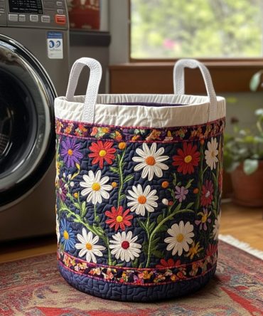 Sunny Bloom Quilted Laundry Hamper — Floral Fabric Laundry Basket With Handles, Foldable Decorative Hamper For Home & Nursery