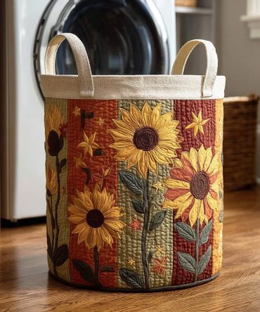 Sunny Blooms Quilted Fabric Laundry Hamper , Large Collapsible Floral Basket For Home Organization, Durable Handles, Easy Storage