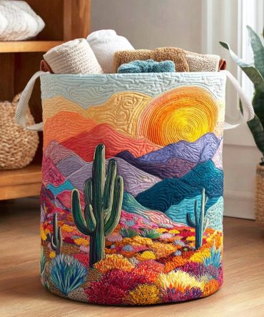 Sunny Cactus Bloom Quilted Laundry Hamper — Bright Floral Cactus Design Collapsible Basket For Bedroom & Dorm Storage, Lightweight
