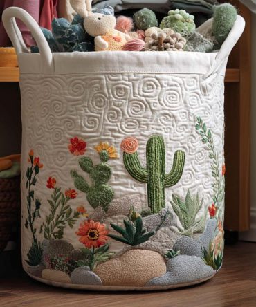Sunny Cactus Quilted Laundry Hamper — Bright Southwestern Foldable Storage Basket, Lightweight Water-Resistant Organizer For Home & Dorm
