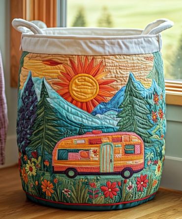 Sunny Camp Quilted Laundry Hamper – Outdoor-Inspired Quilted Fabric Basket With Strong Handles, Foldable Storage For Home, Cabin & Rv