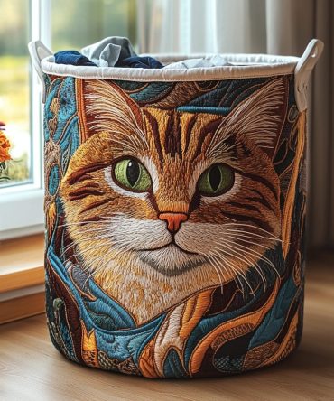 Sunny Cat Quilted Laundry Tote — Playful Cat-Themed Fabric Hamper, Collapsible & Portable Laundry Storage With Reinforced Handles