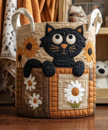 Sunny Cat Quilted Laundry Hamper — Bright Cat Print Foldable Fabric Basket, Lightweight Organizer With Handles For Kids' Room & Gifts