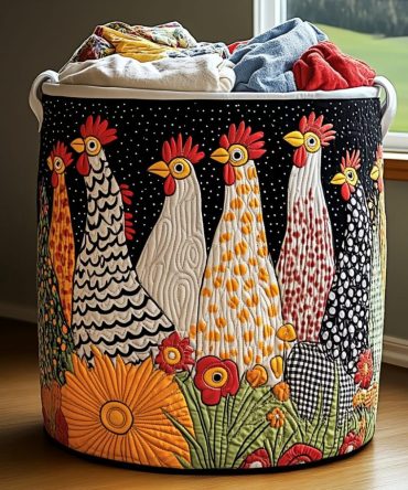 Sunny Chicken Quilted Laundry Hamper — Whimsical Farmhouse Fabric Clothes Basket, Foldable & Lightweight For Kitchen, Mudroom Or Bedroom