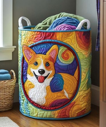 Sunny Corgi Quilted Hamper — Adorable Foldable Laundry Basket, Sturdy Handles, Soft Cotton-Blend, Perfect Kids Room Decor
