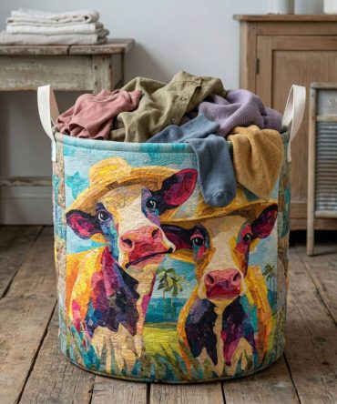 Sunny Cow Pair Quilted Laundry Hamper — Bright Cow Duo Print Foldable Fabric Bin With Handles For Kids' Rooms & Home Storage