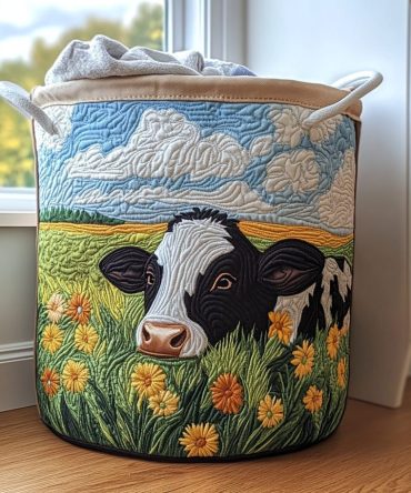 Sunny Cow Quilted Laundry Hamper — Bright Farmhouse Cotton Basket, Collapsible Organizer With Handles For Clothes & Toys