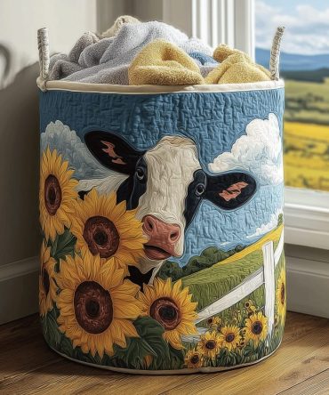 Sunny Cow Quilted Foldable Laundry Hamper - Farmhouse Animal Print Organizer, Durable Handles, Quilted Cotton Blend For Nursery Or Home