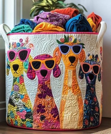 Sunny Dogs Quilted Laundry Hamper — Cheerful Canine Print Fabric Basket, Collapsible Storage With Handles, Lightweight & Machine-Washable