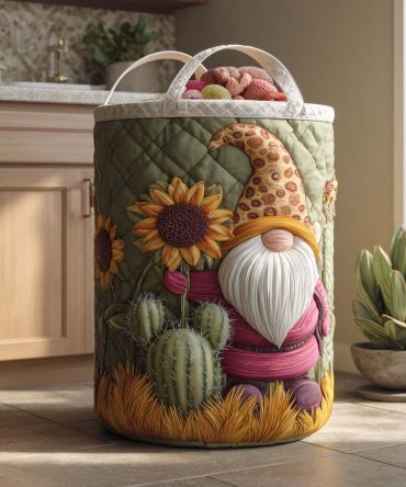 Sunny Gnome Hug Quilted Laundry Hamper - Bright Kids Fabric Basket With Reinforced Handles, Foldable & Machine Friendly