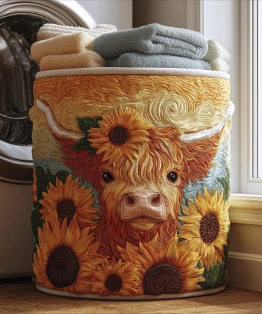 Sunny Highland Cow Quilted Laundry Hamper – Foldable Rustic Fabric Basket With Handles, Cozy Country Decor Storage Solution