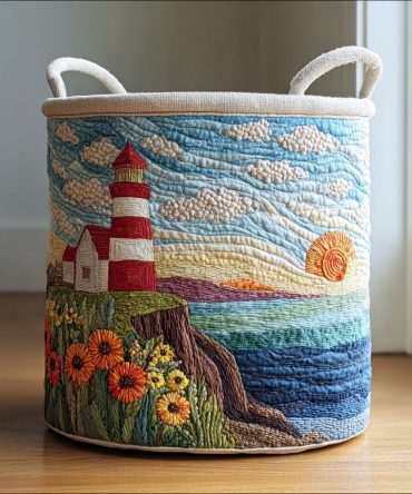 Sunny Lighthouse Quilted Cotton Laundry Hamper — Coastal Foldable Storage Basket With Handles For Beach House, Bathroom & Bedroom Organization