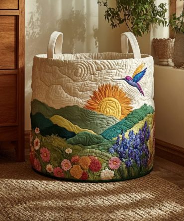 Sunny Meadow Quilted Fabric Laundry Hamper — Decorative Collapsible Basket With Handles For Stylish Home & Nursery Storage