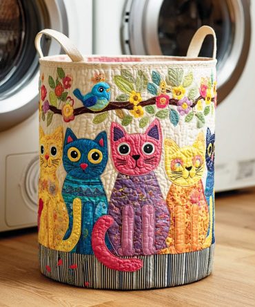 Sunny Meow Quilted Laundry Hamper — Bright Cat Print Foldable Laundry Basket, Washable Storage Hamper With Handles For Home & Kids' Rooms