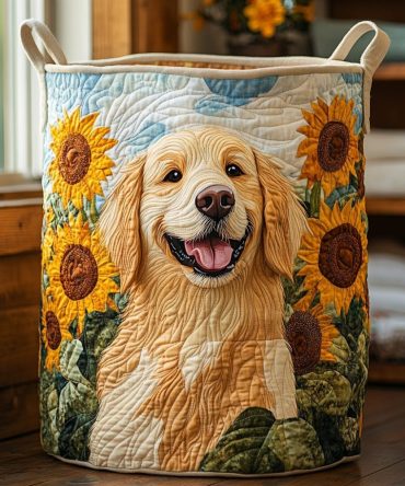Sunny Paws Pattern Quilted Fabric Hamper — Large Foldable Laundry Basket With Handles For Nursery, Bedroom & Dorm