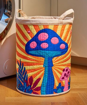 Sunny Pop Art Mushroom Quilted Laundry Hamper — Retro Collapsible Laundry Basket For Colorful Home Decor, Durable Padded Storage With Handles