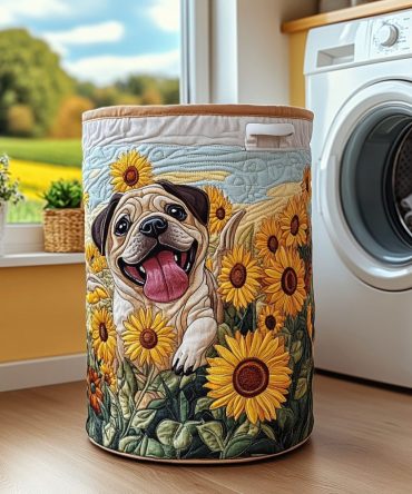 Sunny Pug Quilted Laundry Organizer — Cute Dog Print Foldable Hamper, Durable & Lightweight For Kids, Pets, And Home Laundry