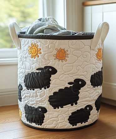 Sunny Sheep Quilted Foldable Laundry Basket Hamper – Cute Lamb Nursery Organizer, Large Capacity Quilted Clothes Bin, Collapsible & Portable
