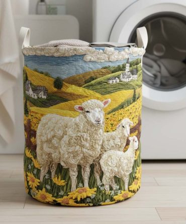 Sunny Sheep Quilted Laundry Hamper - Playful Foldable Laundry Basket With Adorable Sheep Print, Durable Handles & Lightweight Home Storage