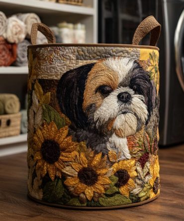 Sunny Shih Tzu Quilted Laundry Hamper — Cheerful Shih Tzu Dog Print Fabric Basket, Foldable & Machine-Washable For Pet Lovers