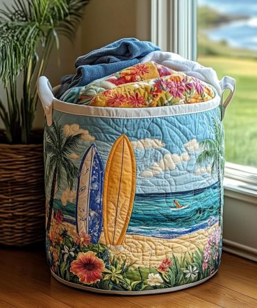 Sunny Shore Quilted Laundry Hamper - Bright Foldable Laundry Basket With Handles, Beach-Themed Storage For Bedroom, Bathroom & Kids' Rooms
