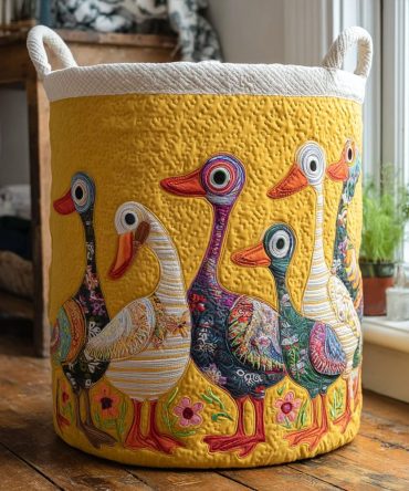 Sunny Side Ducks Quilted Laundry Hamper – Cheerful Duck Print Fabric Basket, Foldable Baby & Kids Laundry Organizer, Machine Washable
