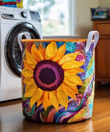 Sunny Sunflower Quilted Laundry Hamper — Cheerful Sunflower Design, Collapsible Quilted Basket With Handles For Bright Home Storage