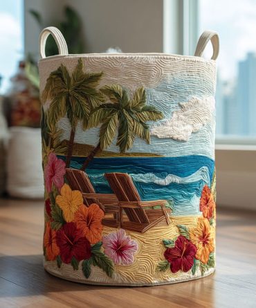 Sunny Tide Quilted Laundry Hamper – Coastal-Inspired Fabric Basket For Bright, Practical Storage; Collapsible & Easy To Carry