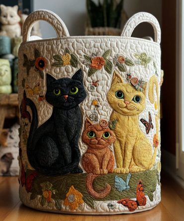 Sunny Window Cat Quilted Basket — Bright Sunlit Whiskers Design Collapsible Laundry Hamper For Cheerful Home & Nursery Storage