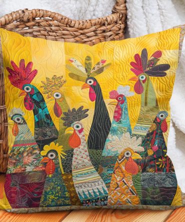 Sunrise Roosters Quilted Decorative Pillow Cover — Farmhouse Rooster Accent Pillowcase For Kitchen, Country Living & Rustic Decor