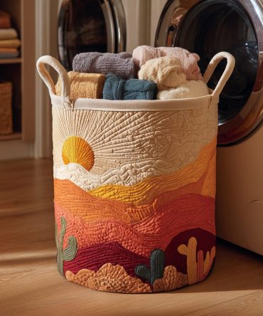 Sunrise Cactus Quilted Laundry Hamper – Southwestern Quilted Laundry Basket With Handles, Foldable & Easy-Care Design
