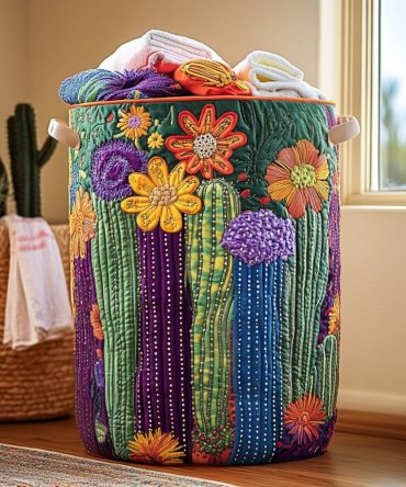 Sunrise Cactus Quilted Laundry Hamper - Boho Cactus Print Foldable Storage Basket, Lightweight & Durable Fabric Organizer