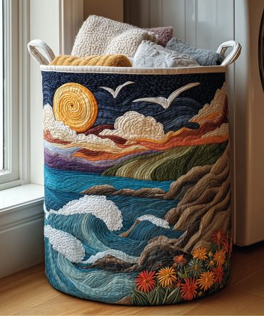 Sunrise Coast Quilted Laundry Hamper — Coastal Sunrise Pattern Collapsible Fabric Basket With Handles, Stylish Beach-Inspired Storage