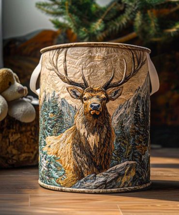 Sunrise Elk Quilted Fabric Laundry Hamper — Rustic Nature Foldable Laundry Basket With Handles, Sturdy Quilted Storage For Cabin & Bedroom