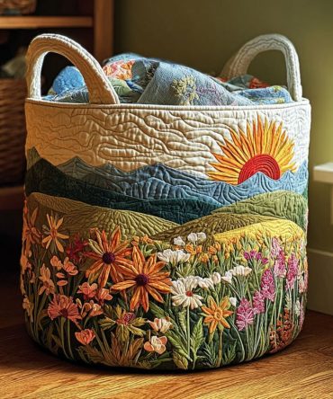Sunrise Field Quilted Hamper - Bright Sunrise Pattern Laundry Basket, Lightweight Collapsible Organizer With Handles