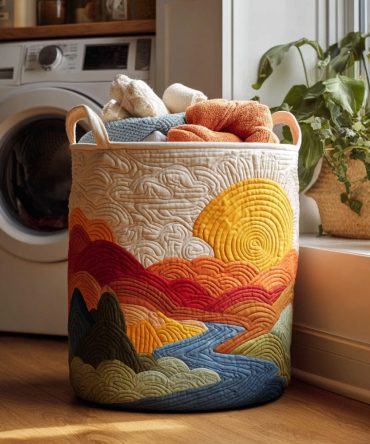 Sunrise Flow Quilted Laundry Hamper – Bright Sunrise Motif, Soft Padded Cotton-Blend, Foldable & Easy-Care With Carry Handles