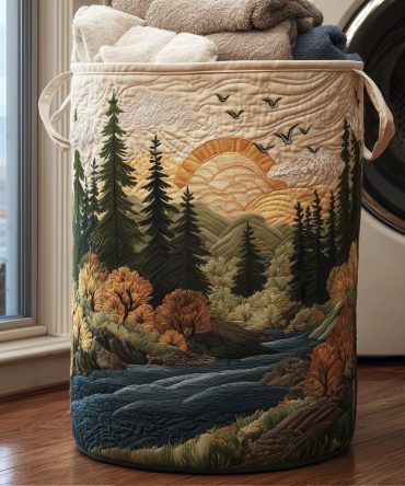 Sunrise Forest Quilted Laundry Hamper - Scenic Nature Foldable Fabric Basket With Handles For Tranquil Home & Nursery Organization