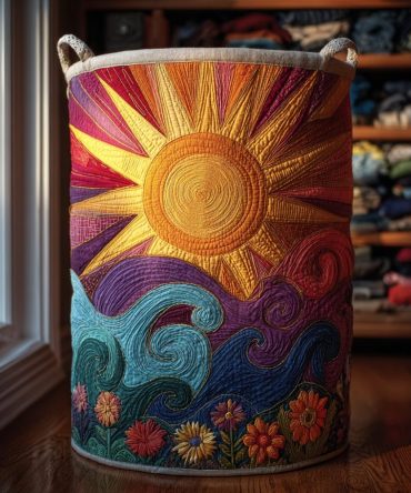 Sunrise Glow Quilted Laundry Hamper – Bright Floral Fabric Basket, Spacious Foldable Organizer For Bedroom & Nursery With Handles