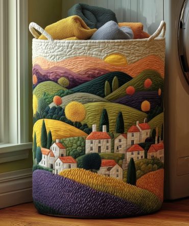 Sunrise In Village Quilted Laundry Hamper - Foldable Padded Laundry Basket With Handles For Stylish Home Organization