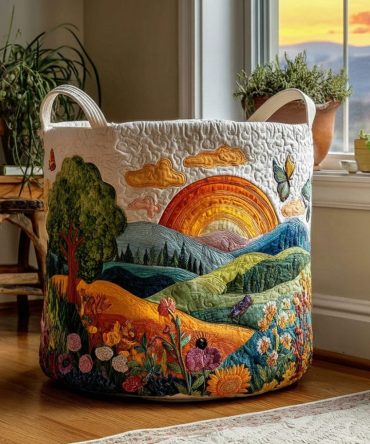 Sunrise Meadow Quilted Laundry Hamper — Soft Fabric Decorative Basket For Nursery, Bedroom & Dorm With Fold‑Flat Storage