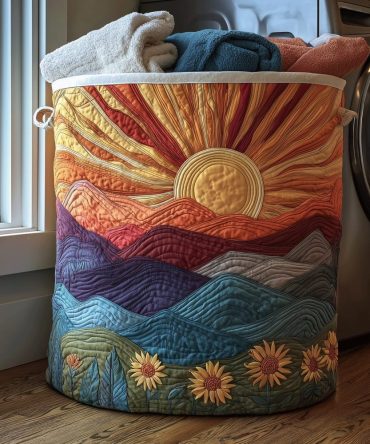 Sunrise Meadow Quilted Laundry Hamper — Cozy Foldable Fabric Basket With Handles For Large Capacity Laundry Storage & Home Decor
