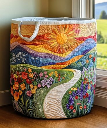 Sunrise Path Quilted Laundry Hamper — Serene Sunrise Print Collapsible Storage Basket, Washable Durable Organizer For Bedroom