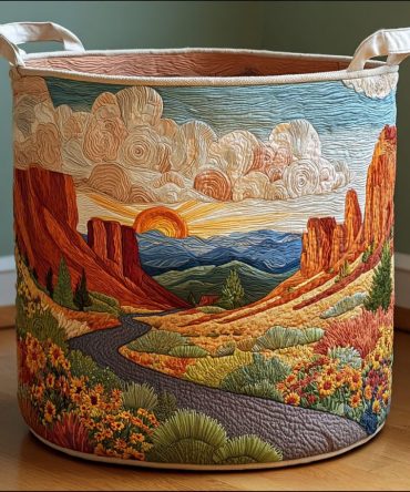 Sunrise Path Quilted Laundry Hamper — Warm Sunrise Floral Print, Collapsible Quilted Basket With Handles For Stylish Bedroom & Closet Storage