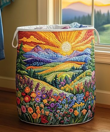 Decorative Quilted Laundry Hamper — Sunrise Path Pattern, Foldable Fabric Storage With Reinforced Handles & Water-Resistant Lining