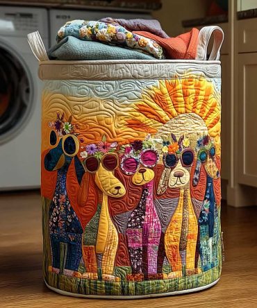 Sunrise Puppy Parade Quilted Laundry Hamper – Cheerful Puppy Pattern Storage Bin, Foldable Washable Fabric Hamper With Easy-Carry Handles