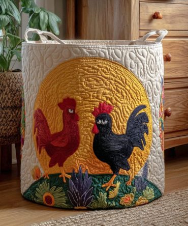 Sunrise Roosters Quilted Laundry Hamper — Rustic Rooster-Print Fabric Basket, Spacious Foldable Laundry Organizer With Carry Handles