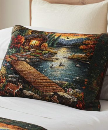 Sunset Cabin Lake Quilted Pillow Cover - Rustic Lakehouse Decorative Pillowcase, Warm Sunset Tones For Cozy Living Spaces