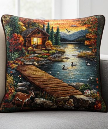 Sunset Cabin Lake Quilted Pillow Cover — Rustic Lakeside Scenery Decorative Throw For Cabin & Living Room, Warm Earth-Tone Quilted Accent