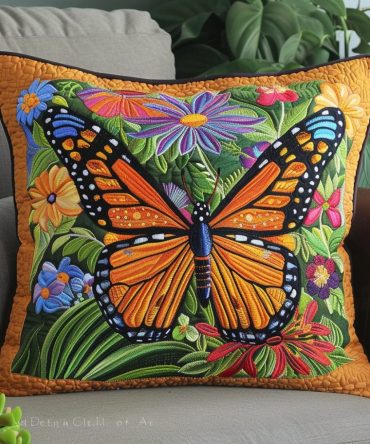 Sunset Wings Butterfly Quilted Throw Pillow Cover - Warm Sunset Tones, Soft Quilting For Cozy Living Room & Bedroom Style
