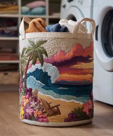 Sunset Beach Quilted Laundry Hamper — Tropical Sunset Pattern Foldable Laundry Basket, Durable Fabric, Stylish Coastal Storage